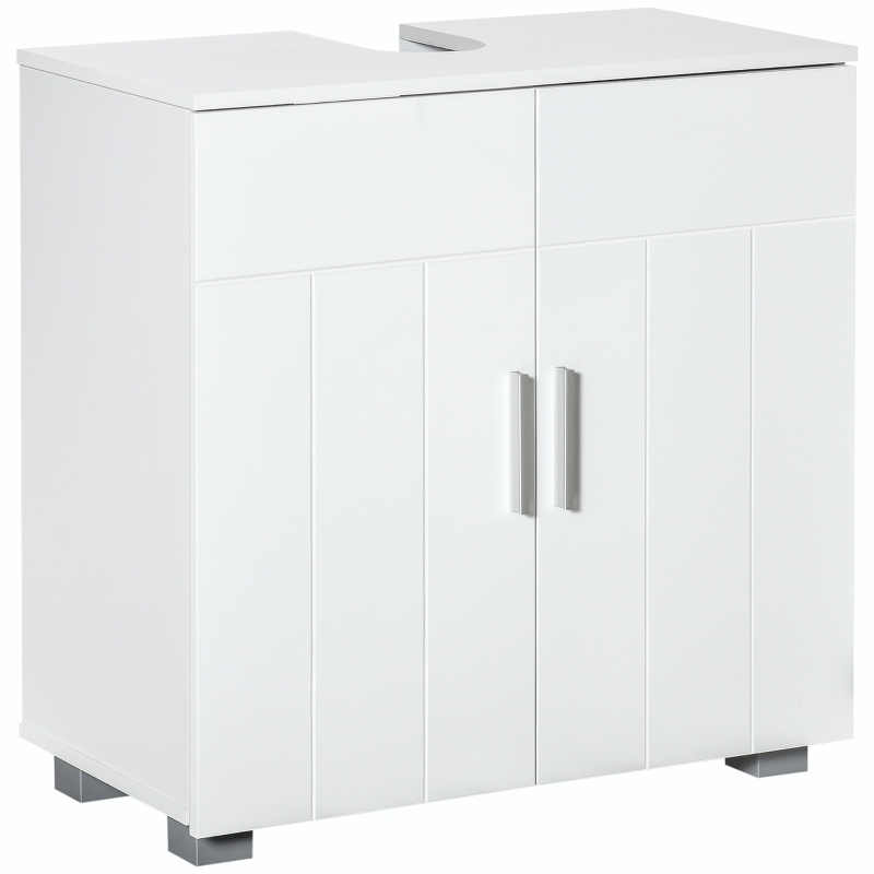 kleankin Meuble sous lavabo de salle de bain 2 portes battantes avec 1 étagère réglable, sur pied, poignées Alliage Aluminium dim. 60L x 30l x 60H cm - MDF Blanc
