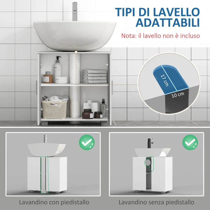 kleankin Mobile Sotto Lavabo Bagno a U con 2 Ante e Ripiano Interno Regolabile, 60x30x60cm