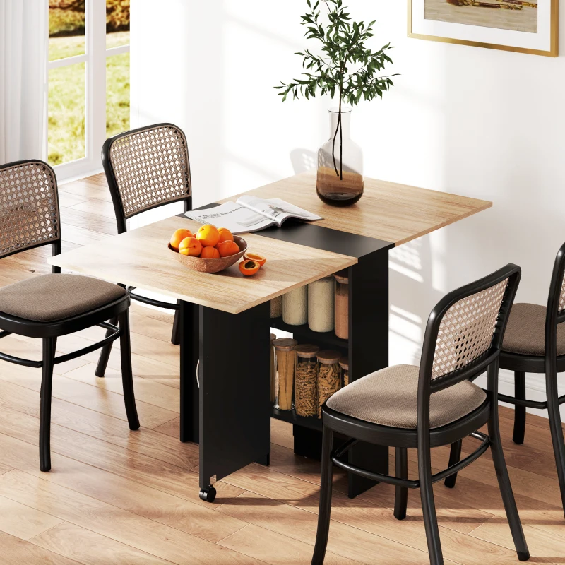 HOMCOM Mesa de Cozinha Dobrável Mesa de Madeira com 2 Prateleiras de Armazenamento e Rodas 75x140x74 cm Preto e Madeira
