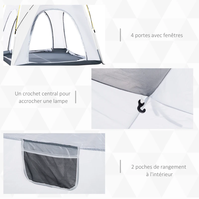 Outsunny Tente de camping, tente pop up dôme familiale 4 personnes, avec 4 portes 4 fenêtres sac de transport inclus pour le camping randonnée blanc gris