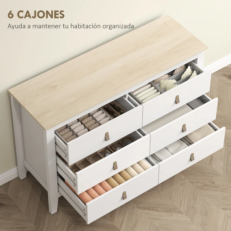 HOMCOM Cómoda para Dormitorio con 6 Cajones Tiradores de PU Cajonera para Salón Pasillo 120x40x78 cm Blanco