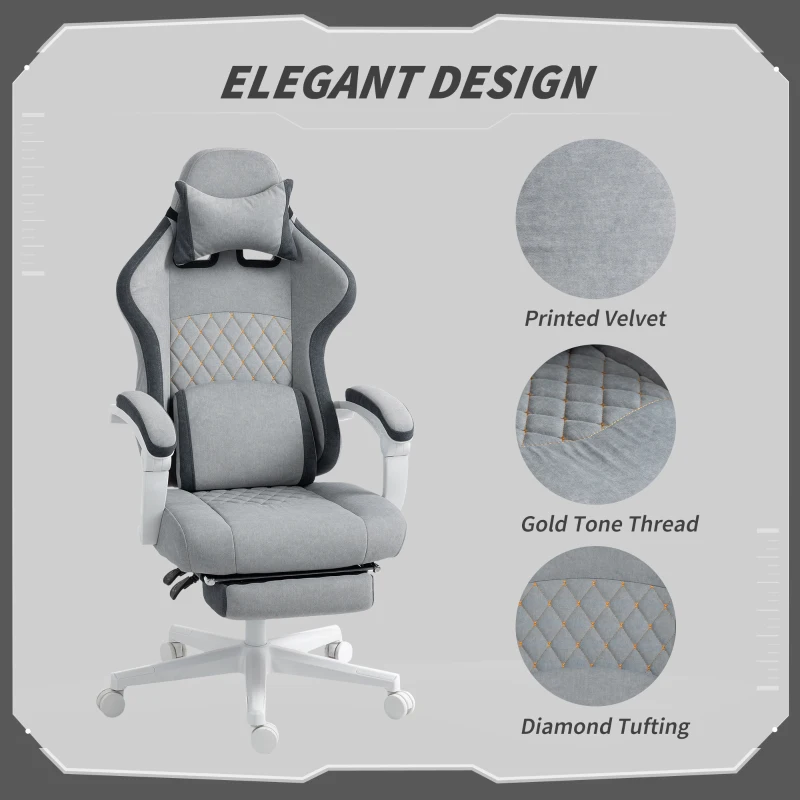 HOMCOM Ergonomic High Back Gaming Chair for Adults, Printed Velvet Computer Recliner Chair with Footrest, Lumbar Support, Adjustable Height and 360° Swivel Seat for Office or Gaming, Grey