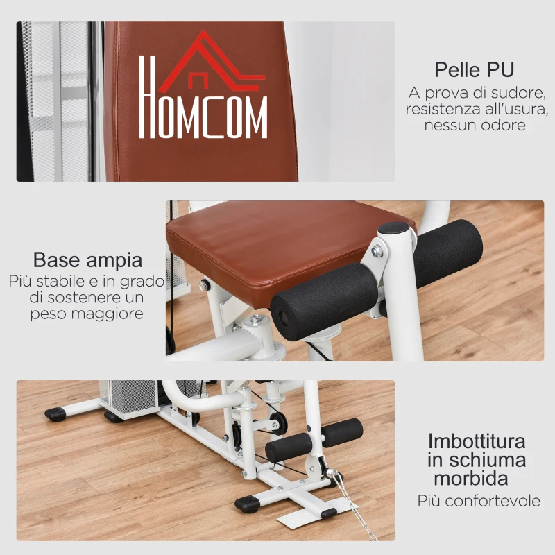 HOMCOM Stazione Fitness Multifunzione per Casa e Palestra con 4 Imbottiture, in Acciaio e PU, 150x110x210 cm, Bianco