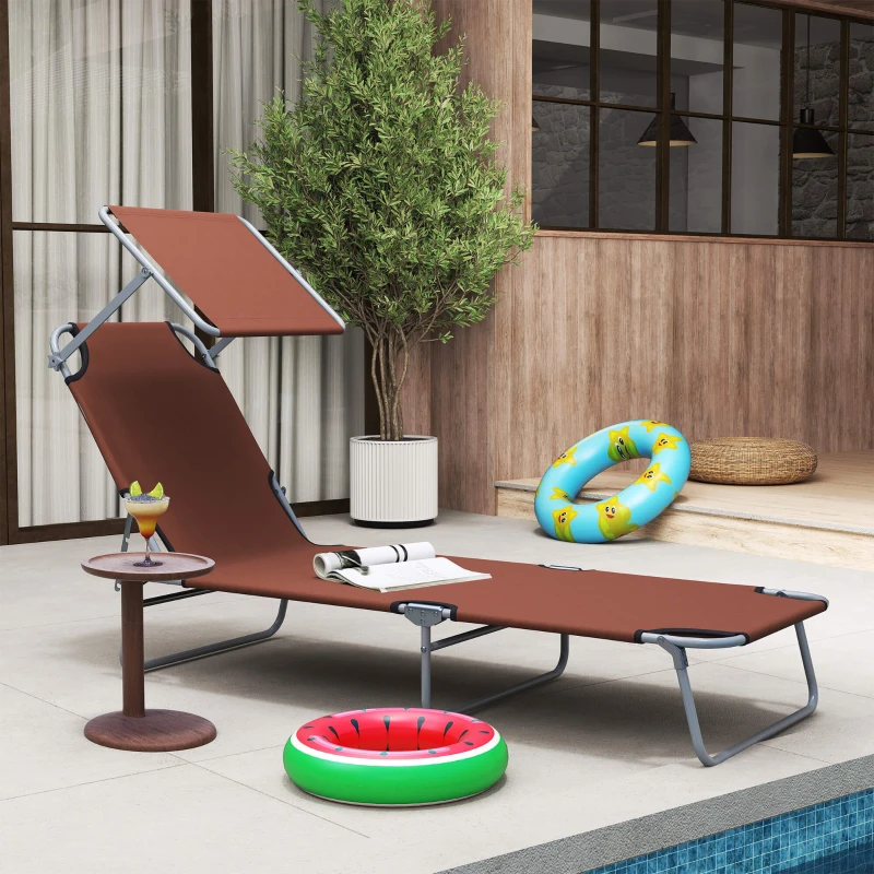 Outsunny Reclining Chair Folding Lounger Seat with Sun Shade Awning Beach Garden Outdoor Patio Recliner Adjustable (Brown)