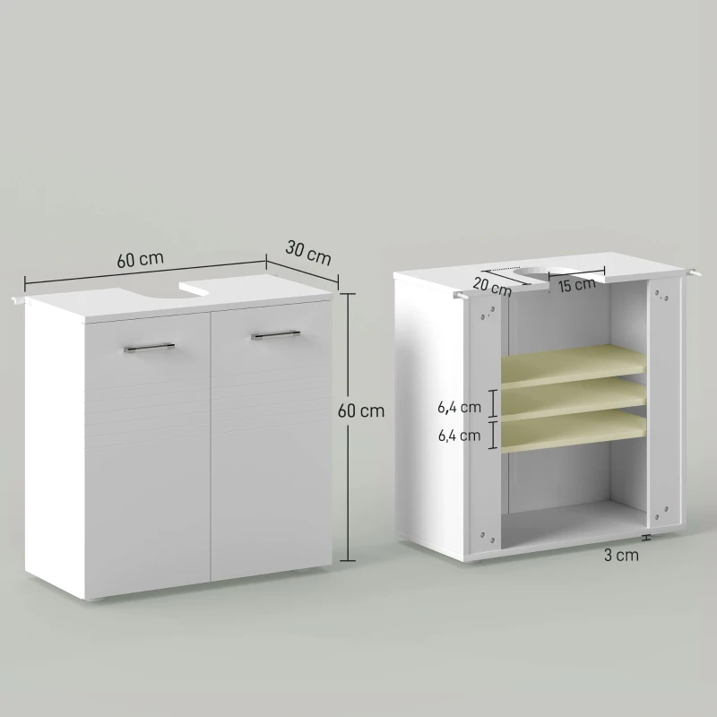 kleankin Waschbeckenunterschrank Badezimmerschrank Waschtischunterschrank mit 2 Türen Regal verstellbar U-förmiger Ausschnitt Spanplatte Weiß 60 x 30 x 62,5 cm