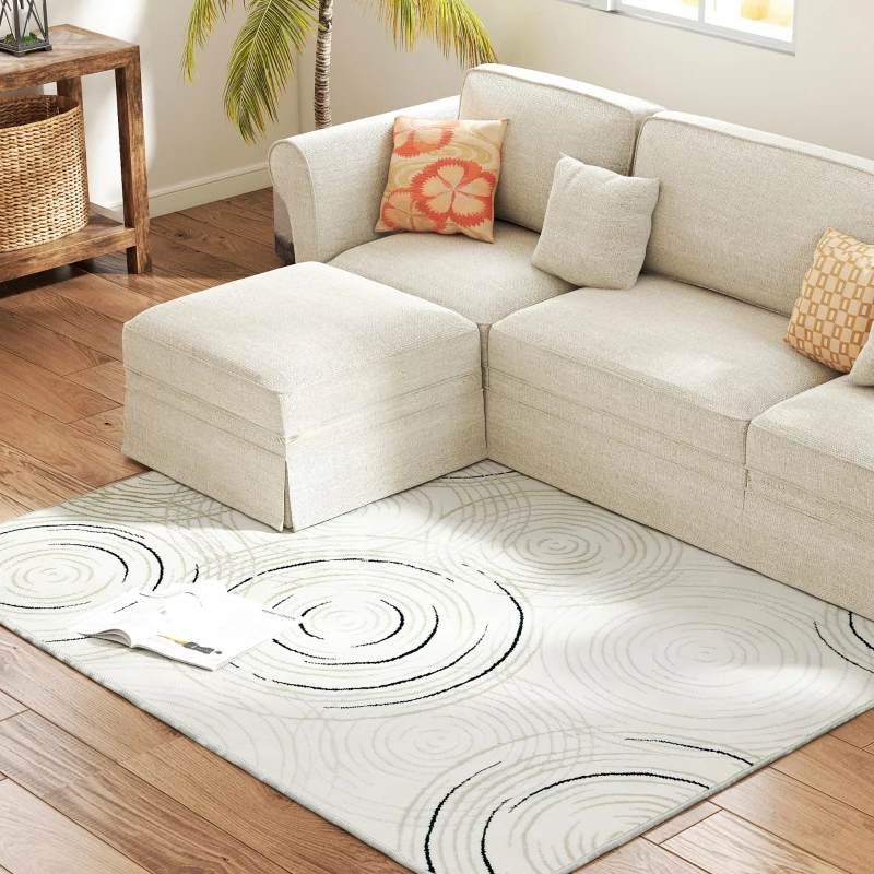 HOMCOM Modern Area Rug, Swirl Pattern Machine Washable Rug, Allergy-Friendly Floor Carpet for Living Room, Bedroom, Dining Room, Home Office, 170 x 120 cm, Cream White