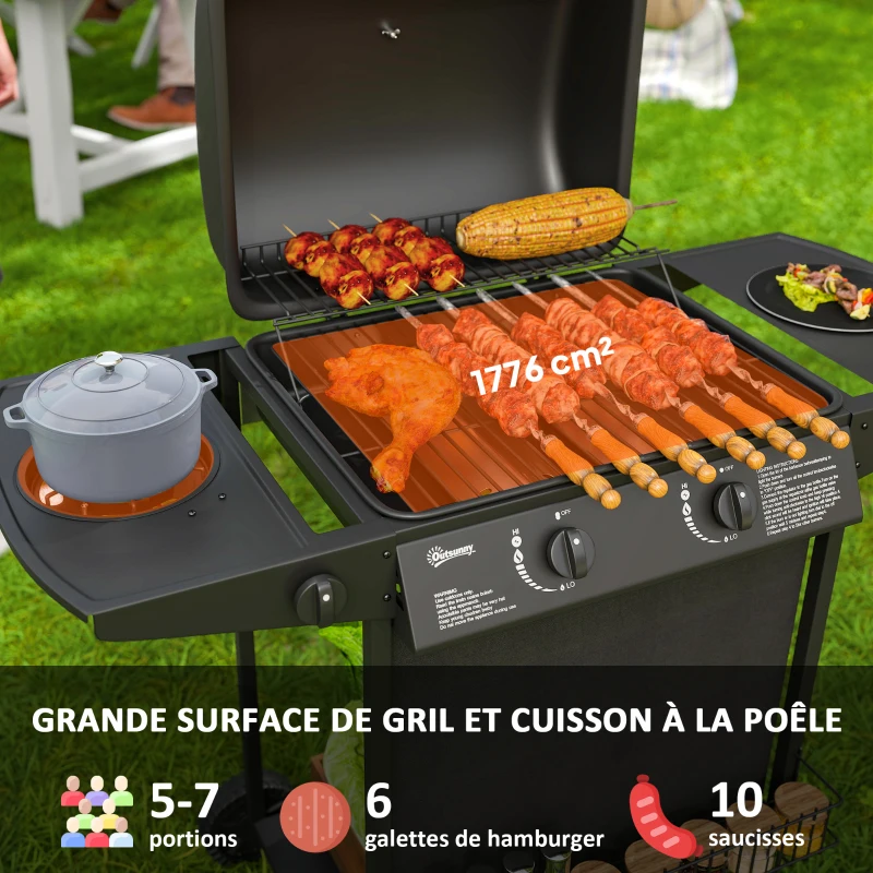 Outsunny Barbecue gaz 2+1 brûleurs en acier, puissance 7 kW, barbecue de jardin table latérale, 108 x 54 x 97 cm, noir