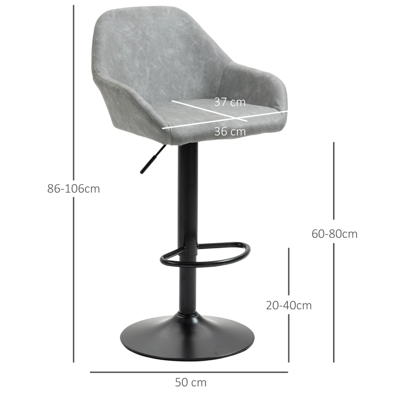 HOMCOM Lot de 2 tabourets de bar avec dossier et repose-pieds, réglable en hauteur et pivotante à 360°, gris