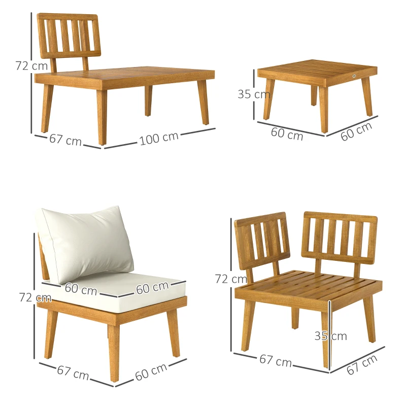 Outsunny Salon de jardin extérieur 5 places modulable en bois d'acacia, canapé d'angle extérieur avec table basse et coussins