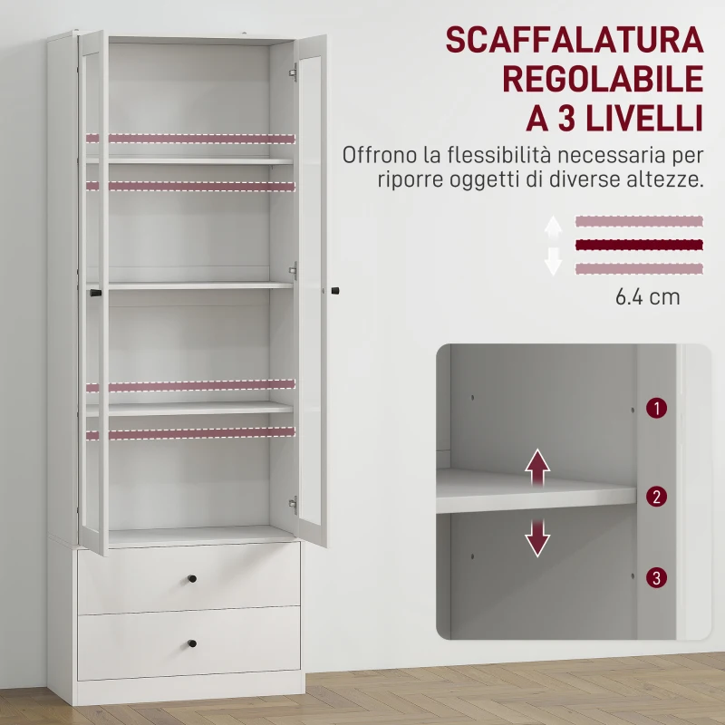HOMCOM Credenza Cucina con Armadietto e 2 Cassetti, Ante in Vetro e Ripiani Regolabili, 59x30x164 cm, Bianco