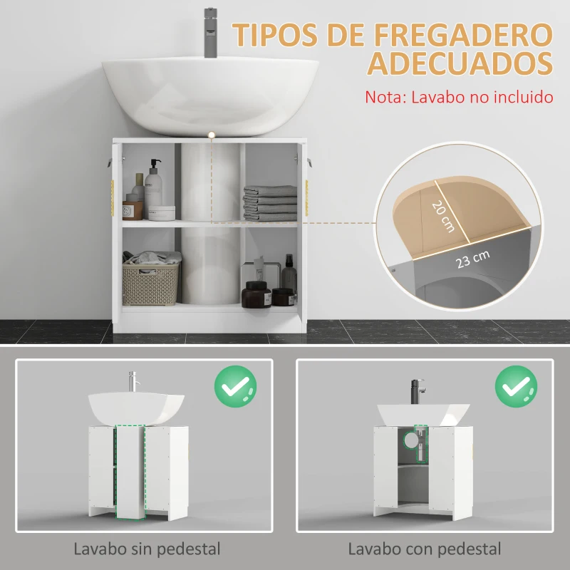 kleankin Mueble para Debajo del Lavabo Armario Baño de Suelo de Madera con 2 Puertas y Estante Interior Estilo Moderno 60x30x60,5 cm Blanco