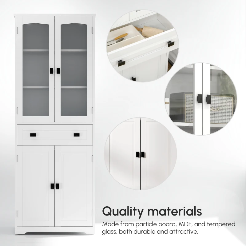 HOMCOM Kitchen Cupboard, Freestanding Storage Cabinet with 2 Adjustable Shelves, Drawer and Glass Door for Living Room, Dining Room, 160cm, White