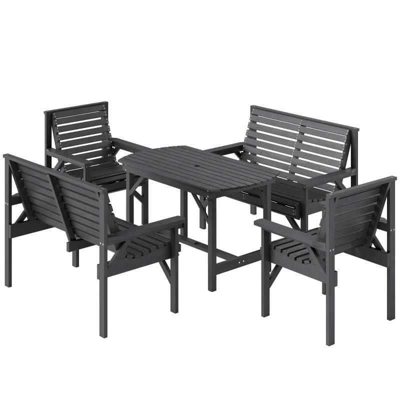 Outsunny 5 Piece Wooden Garden Dining Set for 6, Outdoor Conversation Set with 2 Armchairs, 2 Loveseats and Dining Table with Umbrella Hole for Patio, Balcony, Grey