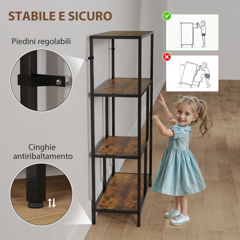 HOMCOM Mobile Libreria a 4 Ripiani Stile Industriale in Legno e Metallo, 77x30x116 cm, Marrone Rustico