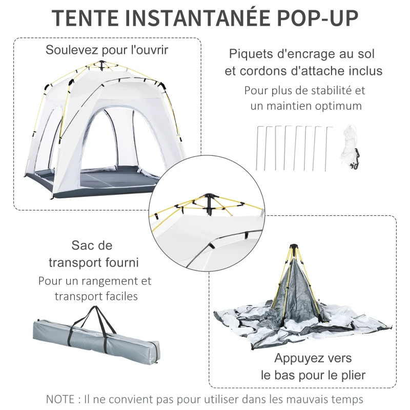 Outsunny Tente de camping, tente pop up dôme familiale 4 personnes, avec 4 portes 4 fenêtres sac de transport inclus pour le camping randonnée blanc gris
