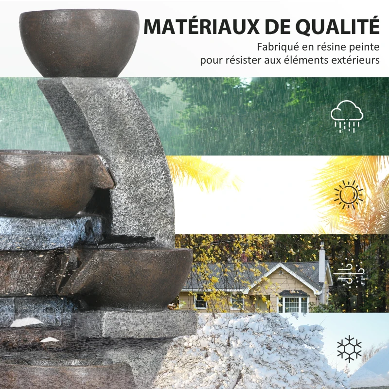Outsunny Fontaine d'eau extérieure 5 niveaux fontaine de jardin lumières LED panneau solaire pompe en résine gris et marron