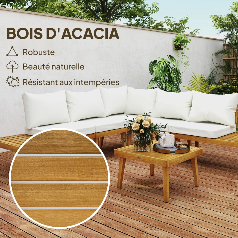 Outsunny Salon de jardin extérieur 5 places modulable en bois d'acacia, canapé d'angle extérieur avec table basse et coussins