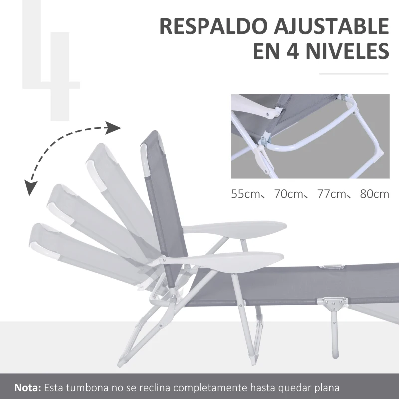 Outsunny Tumbona Reclinable y Plegable de Jardín con Respaldo Ajustable en 4 Posiciones Marco de Metal Texteline Transpirable 186x66x80 cm Gris