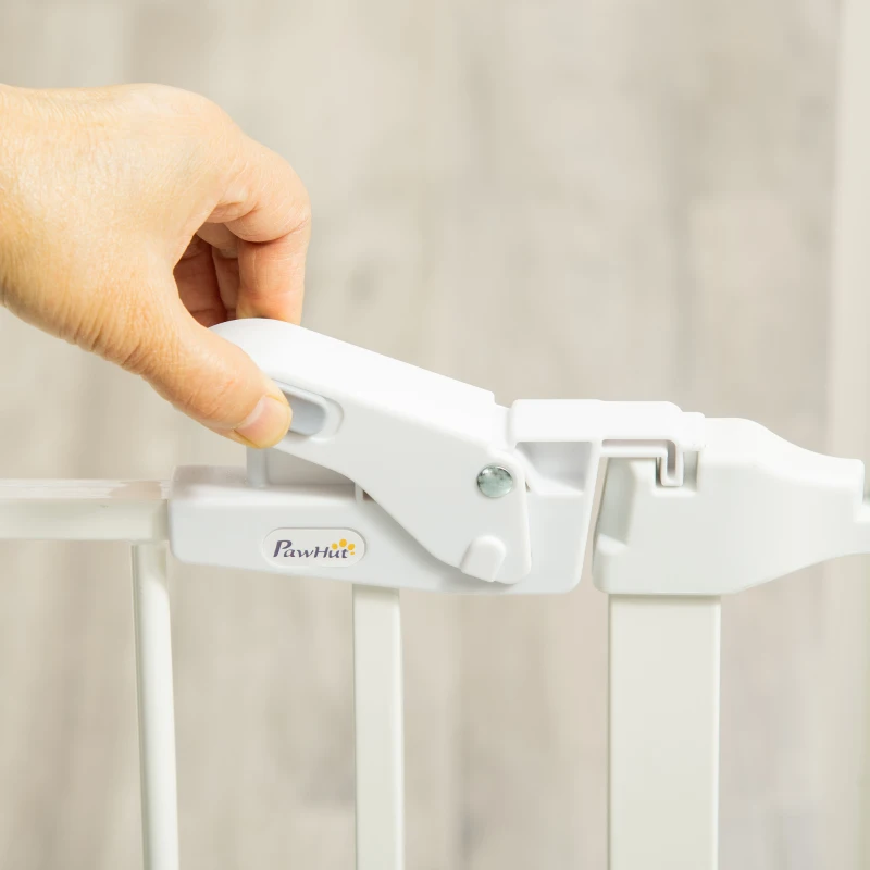 PawHut Hunde Absperrgitter Türschutzgitter Haustierschutzgitter verstellbar klappbar Kamingitter mit automatische schließenden Tür 3 Paneele für Ofen Wandmontage/Freistehend Weiß 202,5 x 76 cm