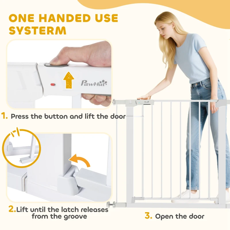 PawHut Deurhek, montage zonder boren, verstelbare breedte 75-96 cm, met één hand te openen, metaal, wit, 76 cm hoog