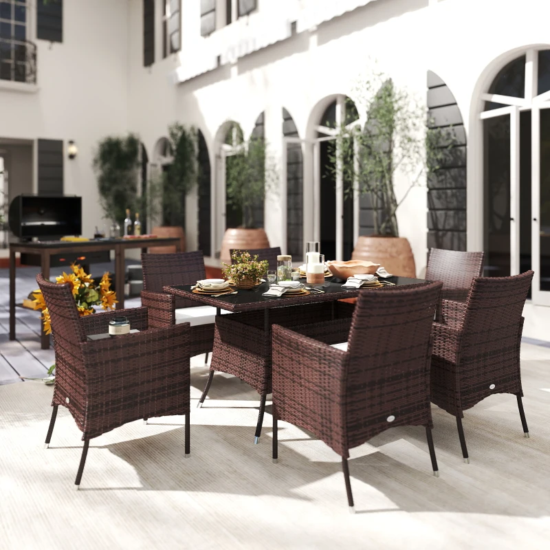 Outsunny 7 Pcs Rattan Dining Set-Brown