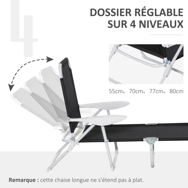 Outsunny Bain de Soleil Pliable - transat inclinable 4 Positions - Chaise Longue Grand Confort avec accoudoirs - métal époxy textilène - dim. 186L x 66l x 80H cm - Noir