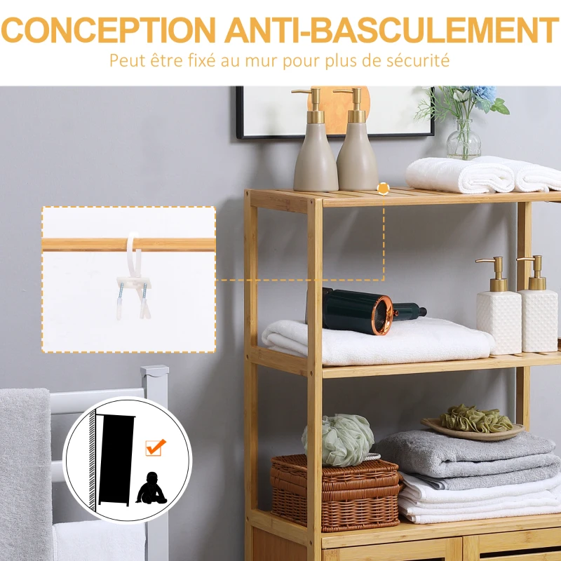 kleankin Meuble salle de bain en bambou, armoire salle de bain sur pied, 2 étagères ouvertes et double porte à lattes, naturel