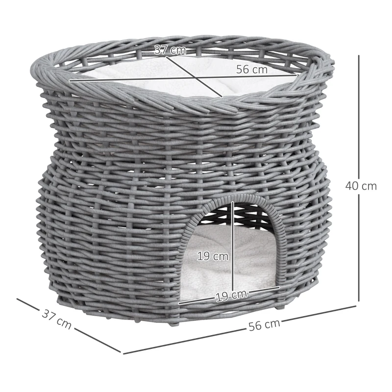 PawHut Rattan Weidenkorb für Katzen Katzenhütte mit 2 weichen Liegekissen Katzenkorb Haustierbett aus Wasserhyazinthe für Wohnzimmer Grau 56 x 37 x 40 cm