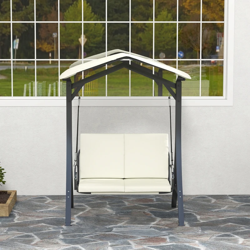 Outsunny Dondolo da Giardino 2 Posti con Tettuccio Regolabile e Cuscini, 150x120x182 cm, Crema