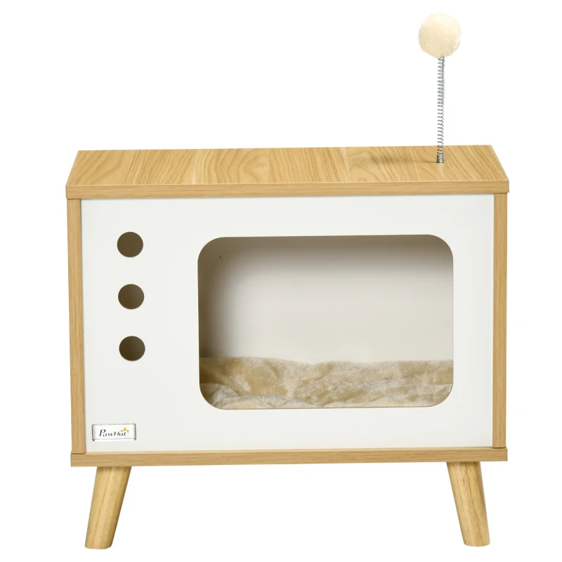 PawHut Katzenhöhle imTV-Design inkl. Spielzeug, waschbares Kissen, 50 cm x 28 cm x 43 cm, Eiche + Beige + Weiß