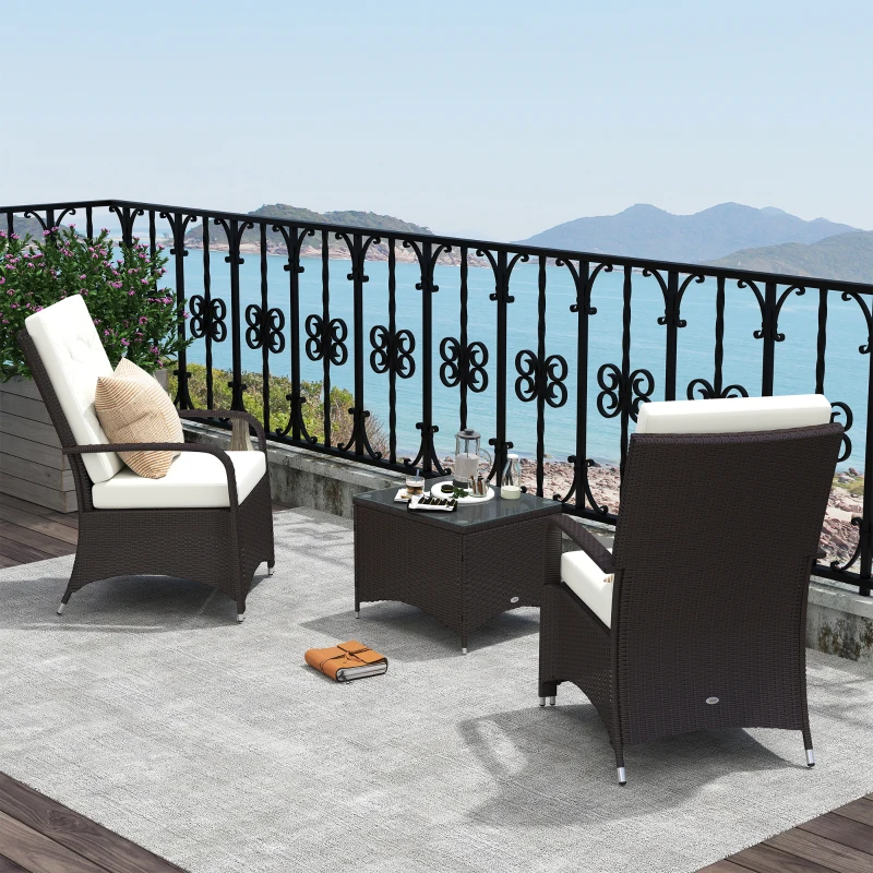 Outsunny 3 Pieces Rattan Bistro Set with Furniture Cover, Wicker Garden Furniture Set, Glass Top Coffee Table and Chairs with Cushions for Outdoor, Patio, Balcony, Cream White