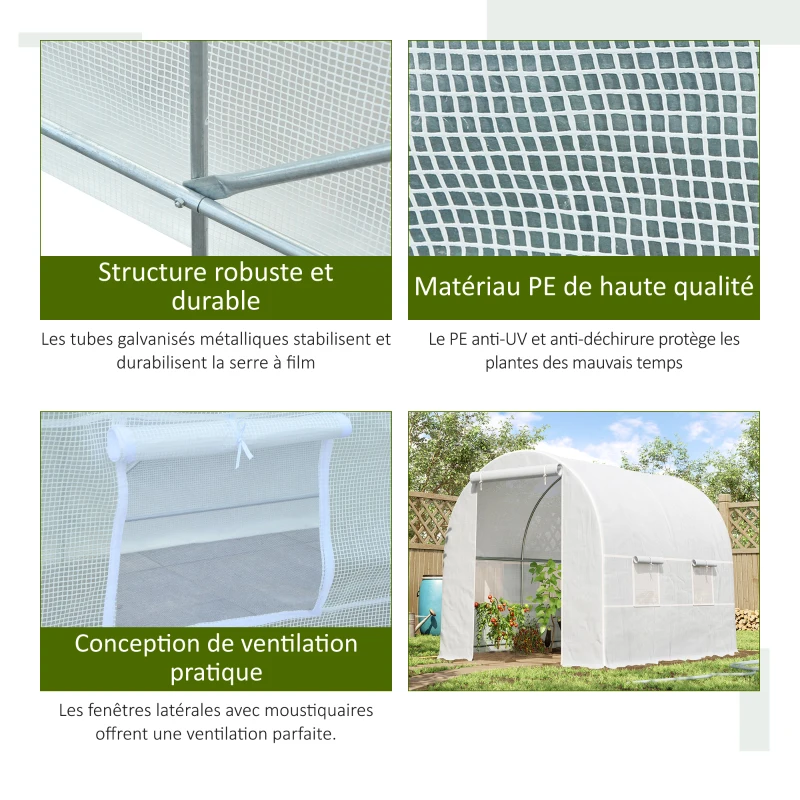 Outsunny Serre de Jardin Tunnel Surface Sol 5 m² 2,5L x 2l x 2H m châssis Tubulaire renforcé 18 mm 4 fenêtres Blanc