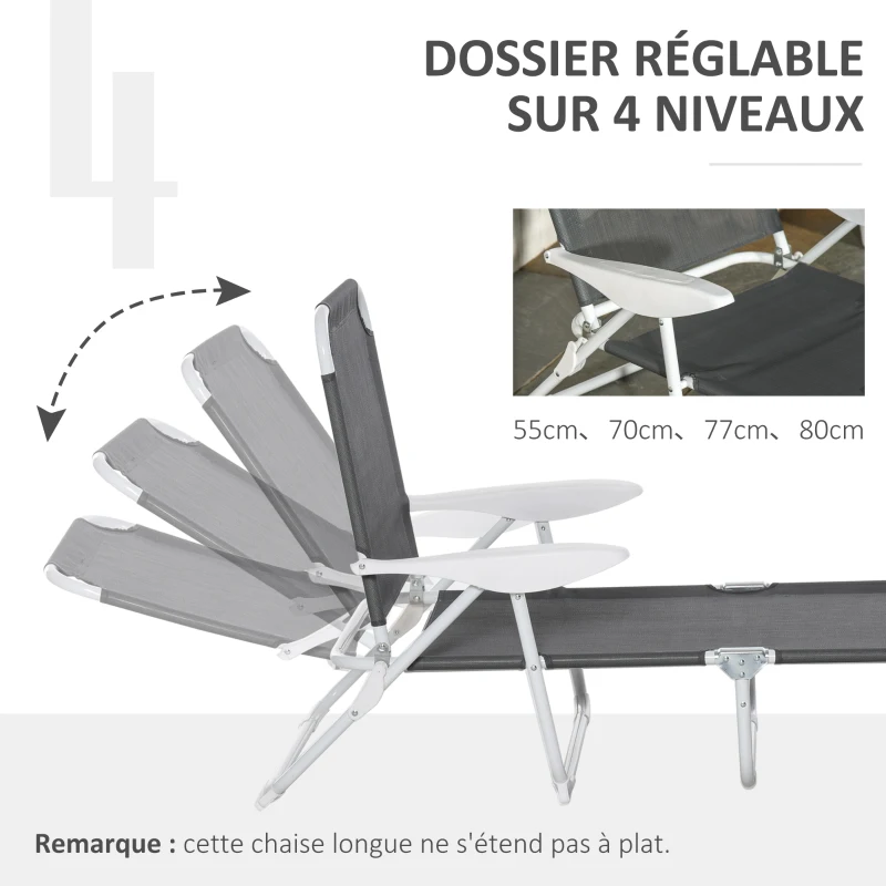 Outsunny Bain de Soleil Pliable - transat inclinable 4 Positions - Chaise Longue Grand Confort avec accoudoirs - métal époxy textilène - dim. 186L x 66l x 80H cm - Gris foncé