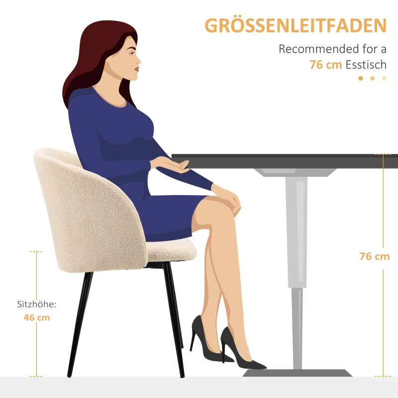 HOMCOM Zestaw 2 krzeseł jadalnych, krzesła tapicerowane z materiału, krzesła kuchenne ze stalowymi nogami, z ergonomicznym oparciem, kremowe