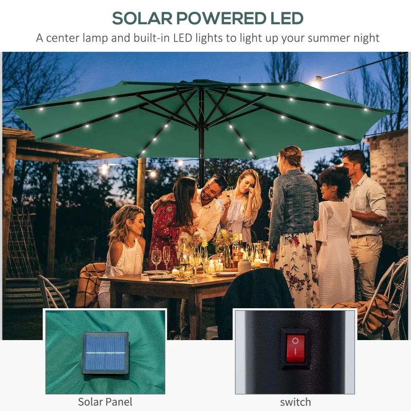 Outsunny 2.7m Patio Garden Umbrella Outdoor Parasol with Tilt Crank and 24 LEDs Lights (Green)