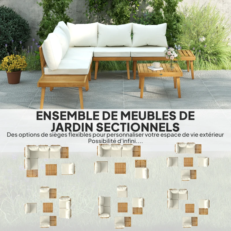 Outsunny Salon de jardin extérieur 5 places modulable en bois d'acacia, canapé d'angle extérieur avec table basse et coussins