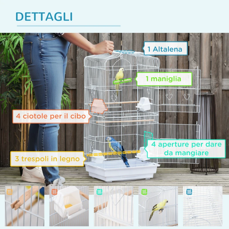 PawHut Gabbia per Uccelli con Trespoli, Altalena e Ciotole, Voliera in Metallo e Plastica, 46.5x35.5x92cm, Bianco