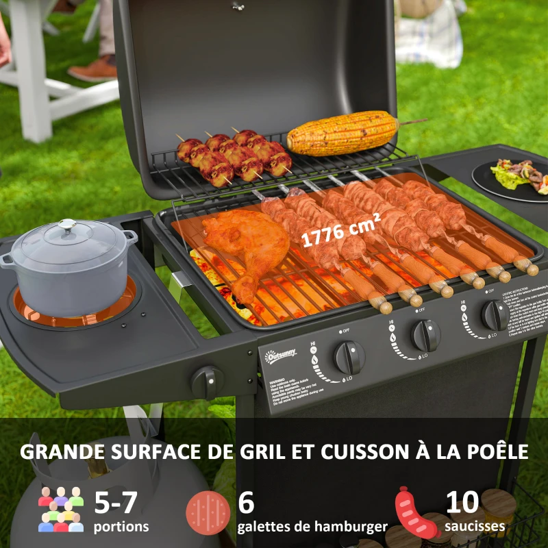 Outsunny Barbecue gaz 3+1 brûleurs en acier, puissance 9,5 kW, barbecue de jardin table latérale, 108 x 54 x 97 cm, noir