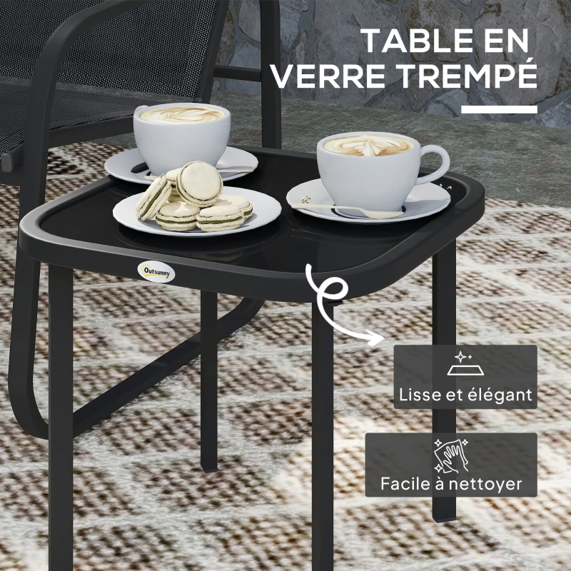 Outsunny Ensemble bistrot de jardin 3 pièces avec 2 chaises en maille et table basse en verre trempé, noir