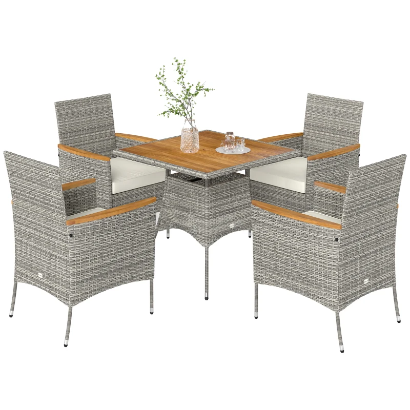 Outsunny Five-Piece Rattan Set, with Wood-Top Table - Teak