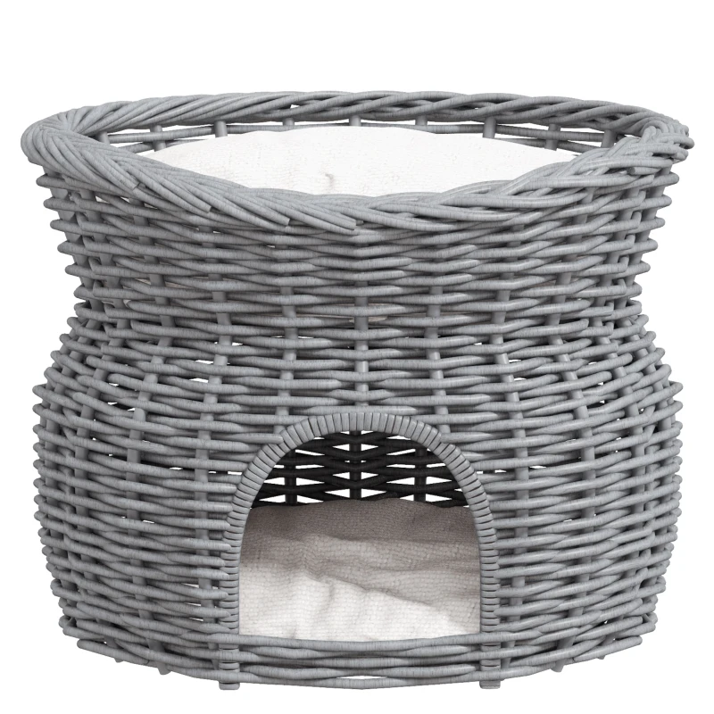 PawHut Rattan Weidenkorb für Katzen Katzenhütte mit 2 weichen Liegekissen Katzenkorb Haustierbett aus Wasserhyazinthe für Wohnzimmer Grau 56 x 37 x 40 cm