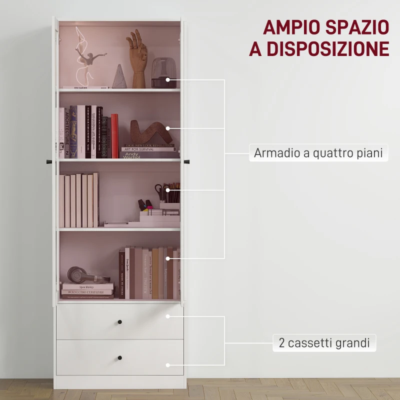HOMCOM Credenza Cucina con Armadietto e 2 Cassetti, Ante in Vetro e Ripiani Regolabili, 59x30x164 cm, Bianco