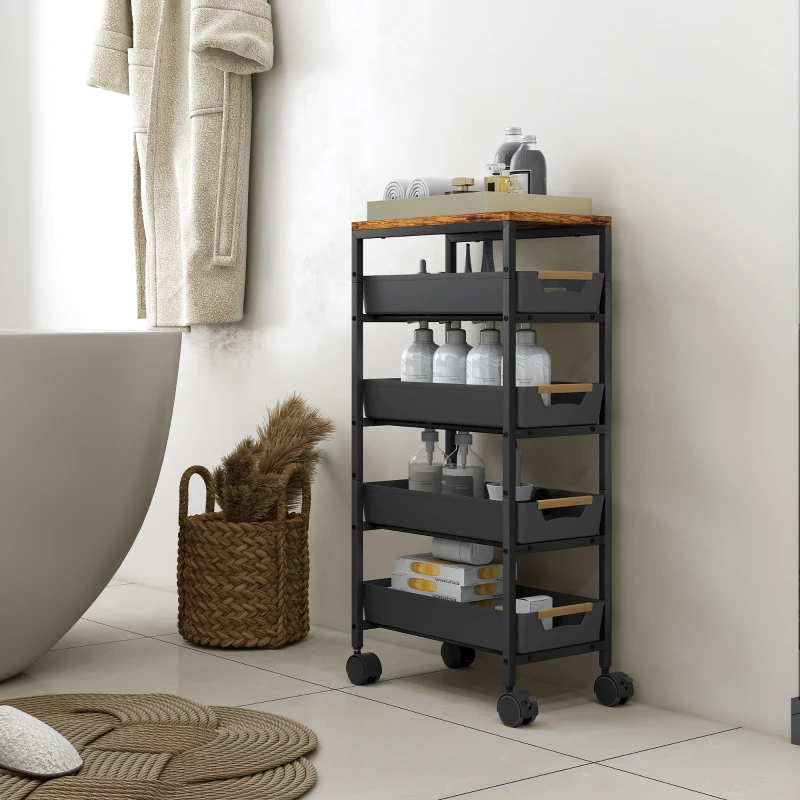 HOMCOM Carro de Cocina de 5 Niveles Carrito Auxiliar con Ruedas Tablero Efecto Madera Cajones Extraíbles 39,5x24x82 cm Negro