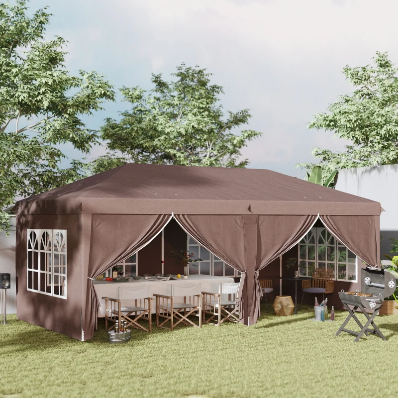 Outsunny 3 x 6 m Pop Up Gazebo with Sides and Windows, Height Adjustable Wedding Camping Party Tent Canopy Marquee with Storage Bag for Garden, Event, Brown