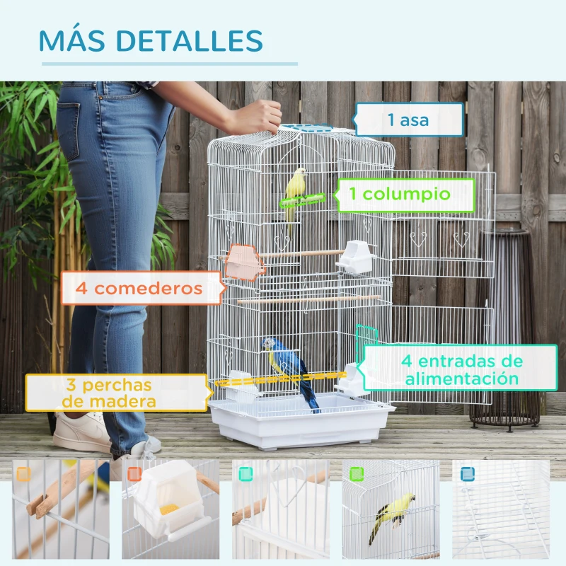 PawHut Jaula para Pájaros Pajarera de Metal con 4 Comederos 3 Perchas Columpio y Bandeja Extraíble 46,5x35,5x92 cm Blanco