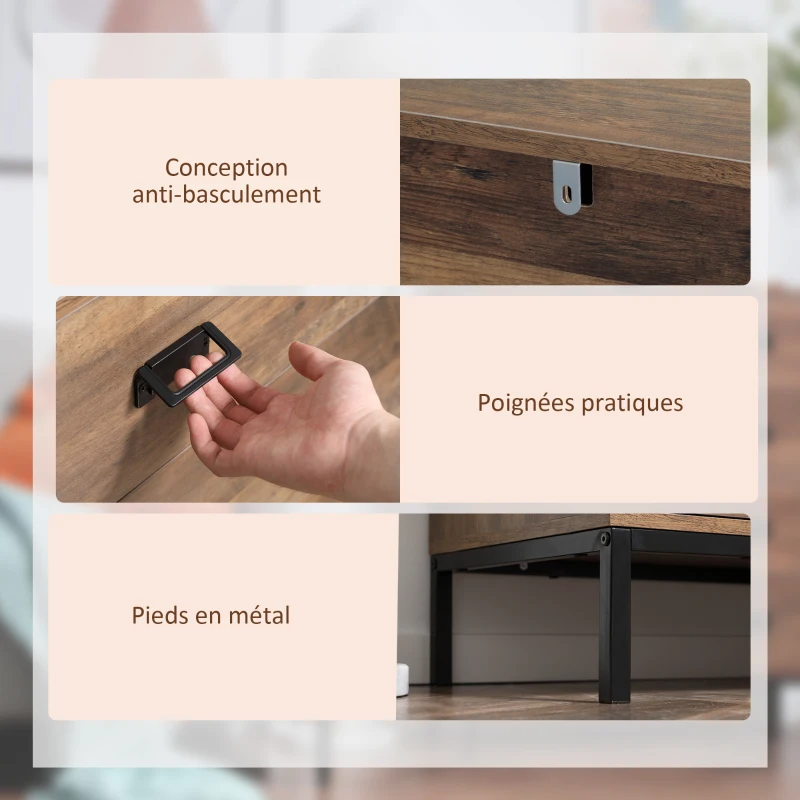 HOMCOM Commode 4 tiroirs meuble de rangement design industriel piètement métal noir 80 x 39 x 95 cm