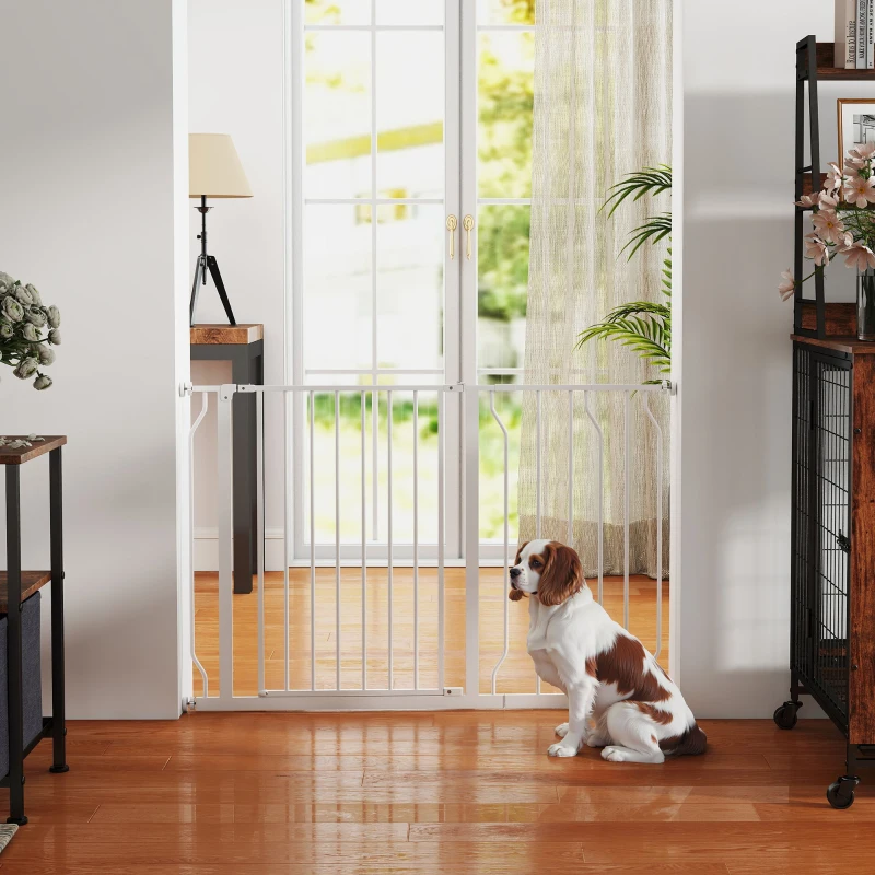 PawHut Barrera de Seguridad para Perros Extensible 75-115 cm para Puertas y Escaleras Puerta de Seguridad para Mascotas con Extensiones Montaje a Presión y Doble Bloqueo Blanco