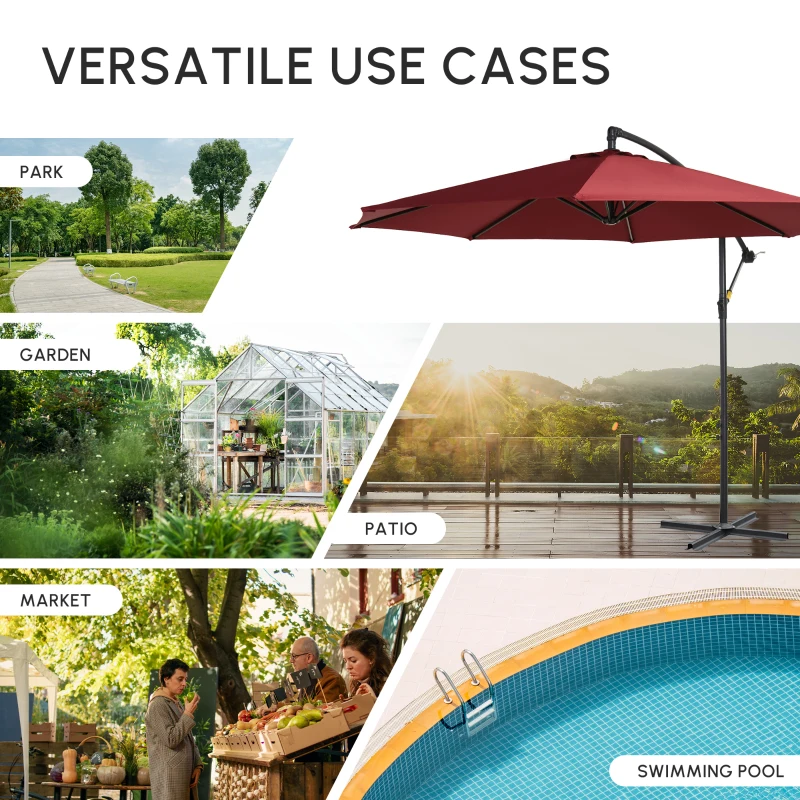 Outsunny Cantilever Umbrella Parasol Hanging Banana Steel Dark Green 3M Patio Wine Red