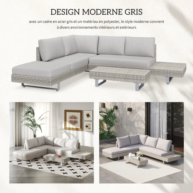 Outsunny Salon de jardin extérieur d'angle 5 places design contemporain coussins déhoussables table basse acier époxy résine tressée grise