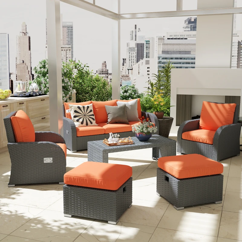 Outsunny Six-piece Outdoor Rattan Dining Set, with Reclining Armchairs - Orange
